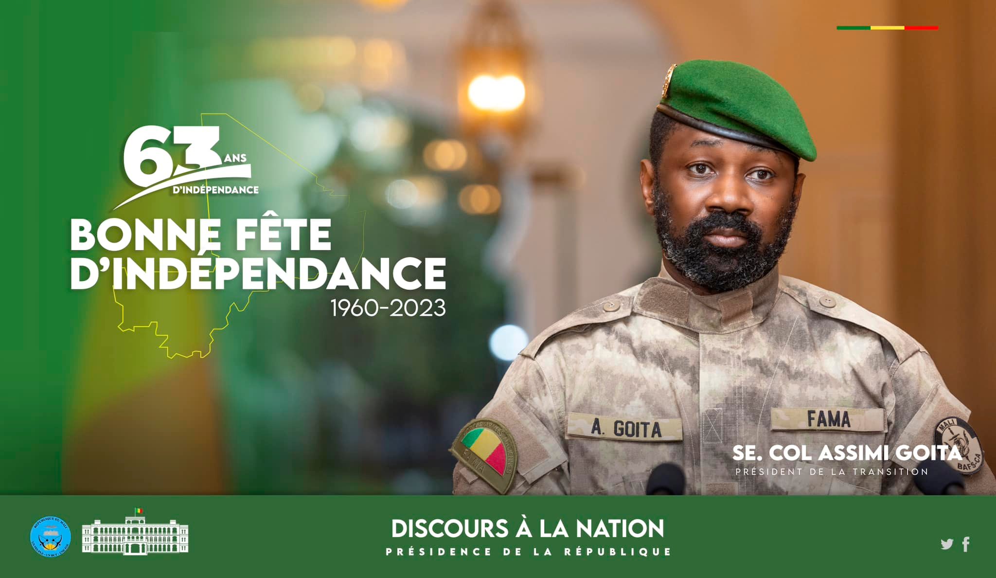 Adresse à la Nation de S.E. le Colonel Assimi Goita, Président de la Transition, Chef de l’Etat à l’occasion du 63ème anniversaire de l’accession de notre pays à l’indépendance.